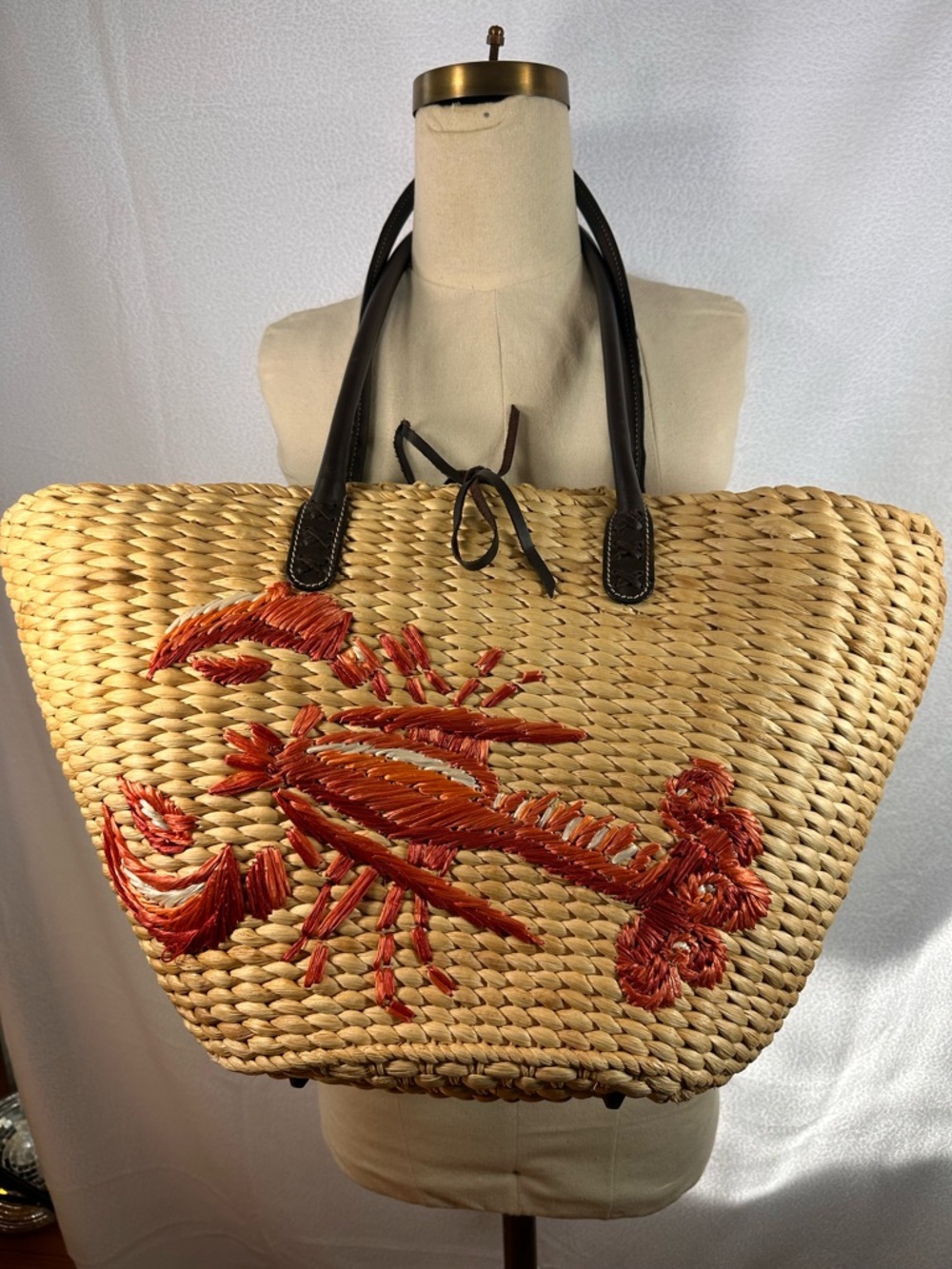 Jcrew Woven Straw Tote with Red Lobster Embroidery Rare